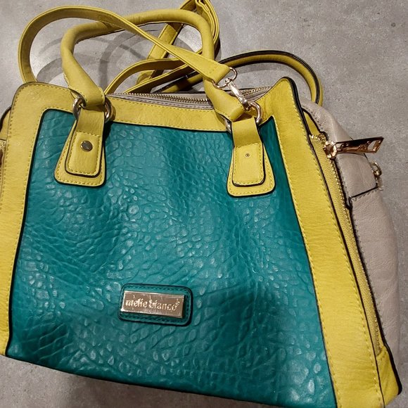 MELIE BIANCO "Leslie" Vegan Leather Handbag - Green/Yellow/Beige - Size Medium - Picture 7 of 10